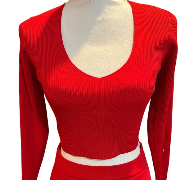 Happily grey classic two piece feminine red crop sweater midi skirt Bodycon set - Picture 6 of 16